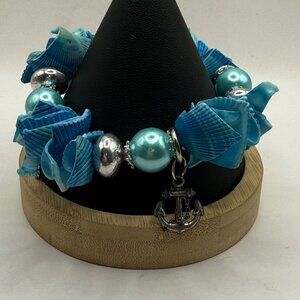 Nautical-Themed Charm Bracelet Blue Shell Accents & Silver Beads Adjustable Stre
